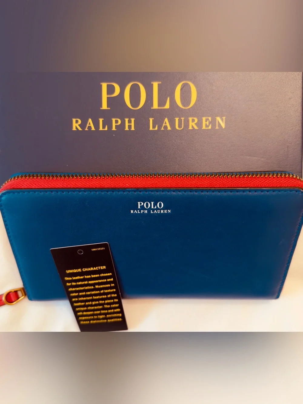 NIB- Polo by Ralph Lauren Navy & Red Leather Colorblocked Zip-Around Wallet 4x8)